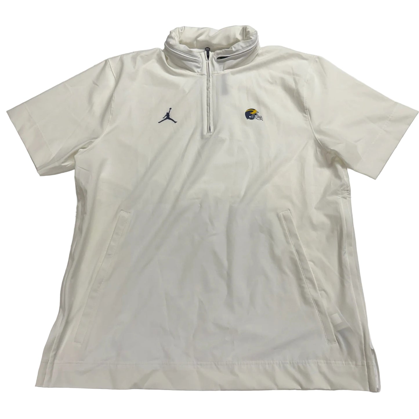 White short-sleeve shirt with a brand logo on a white background