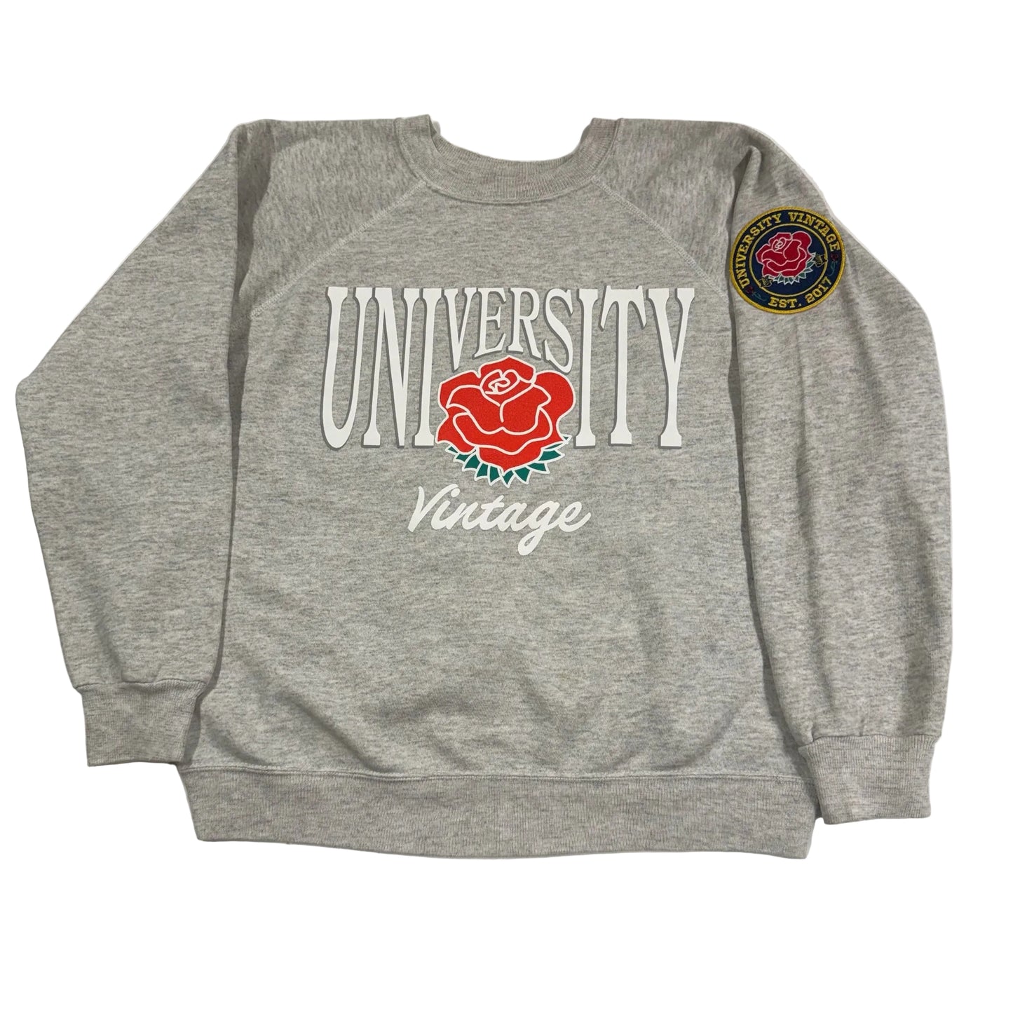 Gray sweatshirt with 'University Vintage' text and rose graphic on a white background