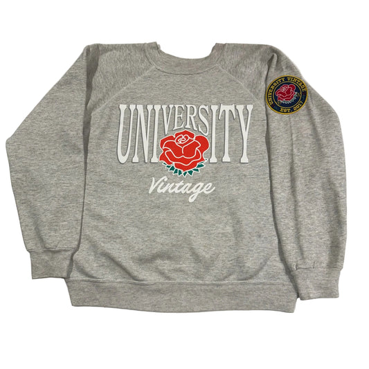 Gray sweatshirt with 'University Vintage' text and rose graphic on a white background