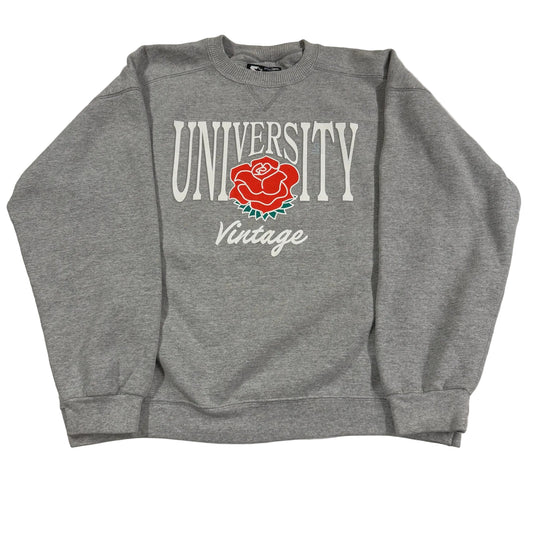 Gray sweatshirt with 'UNIVERSITY Vintage' text and red rose graphic on a white background