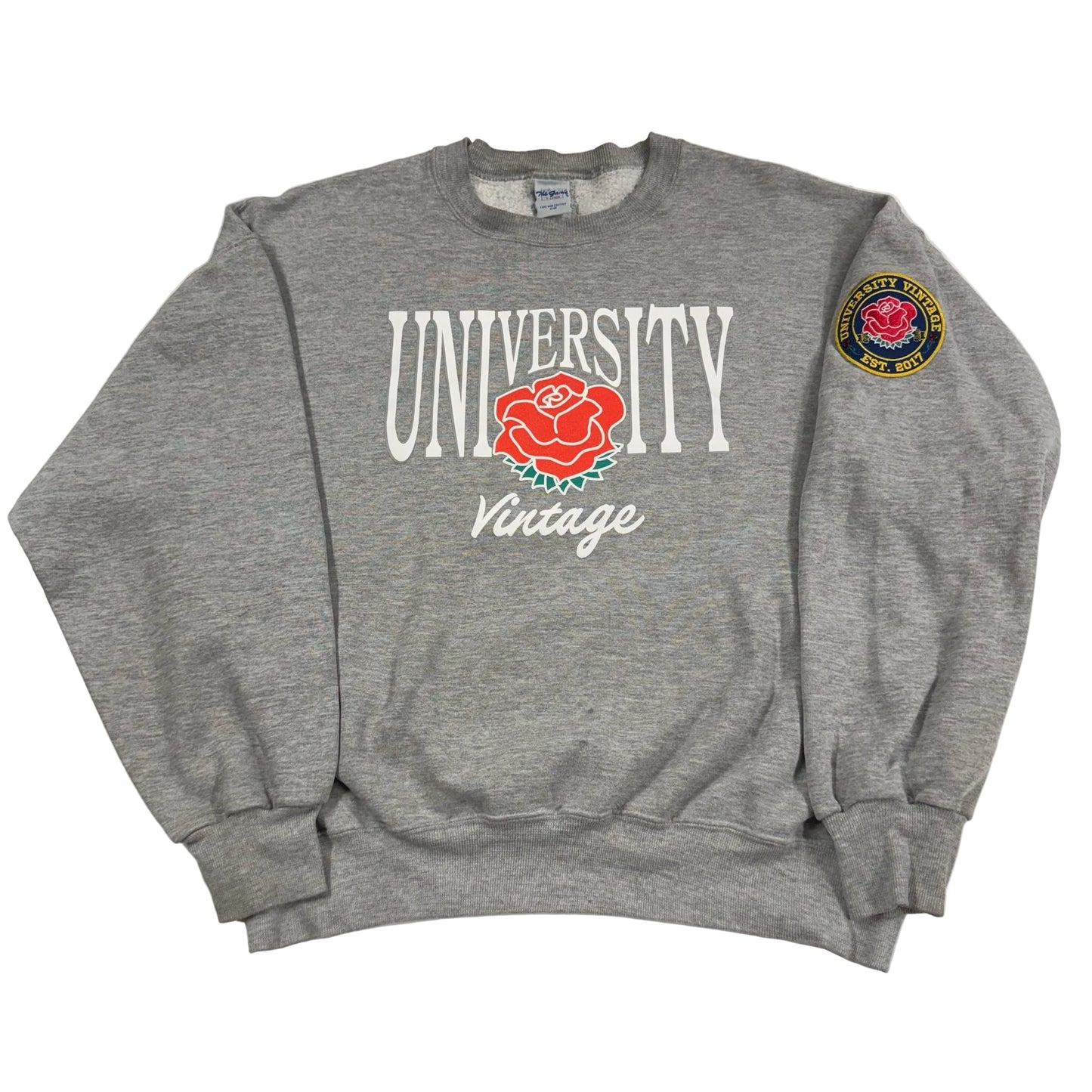 Gray sweatshirt with 'UNIVERSITY Vintage' text and a rose graphic on a white background