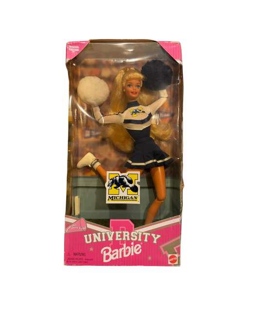 University of Michigan cheerleader Barbie doll in packaging
